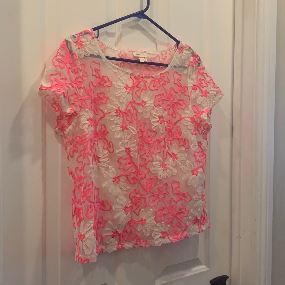 Anthropologie Meadow Rue White Sheer Floral Blouse with Neon Pink Appliqué